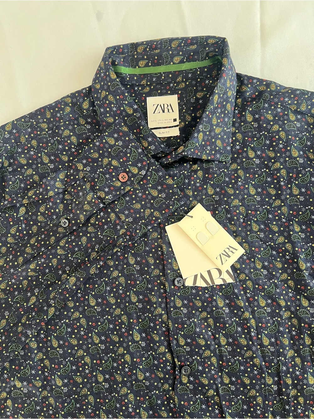 ZARA Men’s Navy Paisley Button-Down Shirt with Green & Pink Details